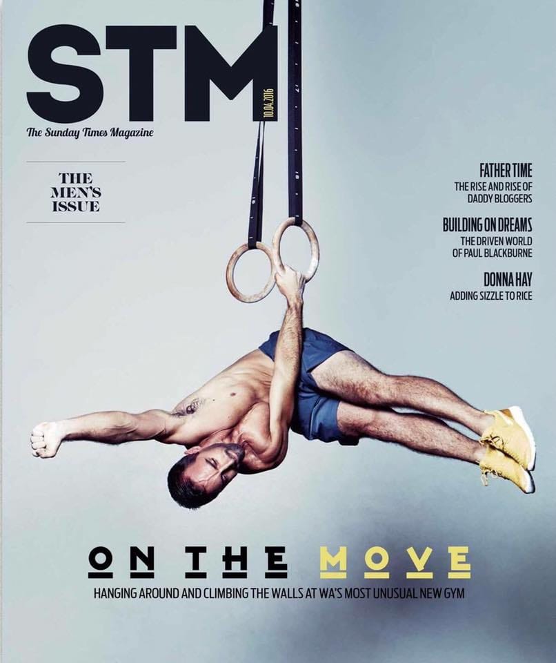 Cover of The Sunday Times Magazine, 10 April 2016: Mat Harvey on gymnastic rings under the headline On the move